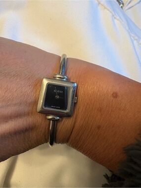 Gucci Silver Bangle Watch with Black Dial